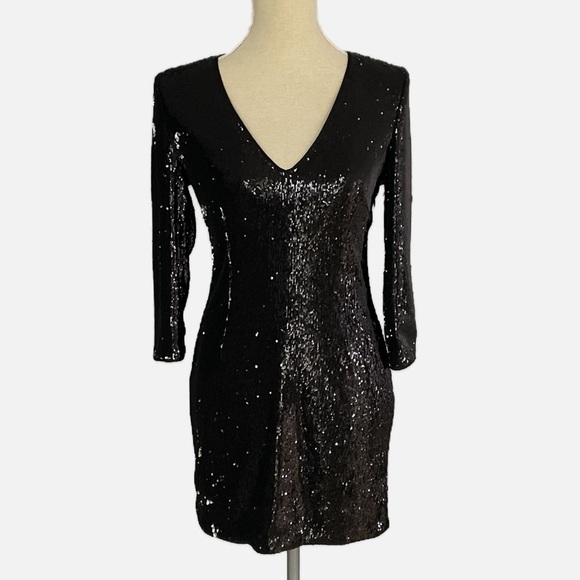 Guess by Marciano Sequined Mini Dress V-Neck Black Size XS Lined LBD - Picture 2 of 8